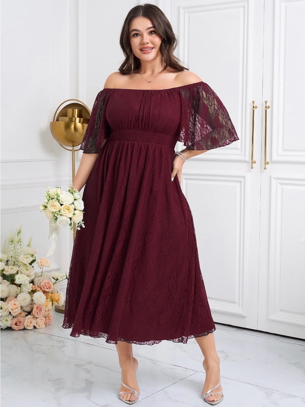 New Wedding Guest Lace Square Neck Short Sleeve Flowy A Line Formal Maxi Dress
